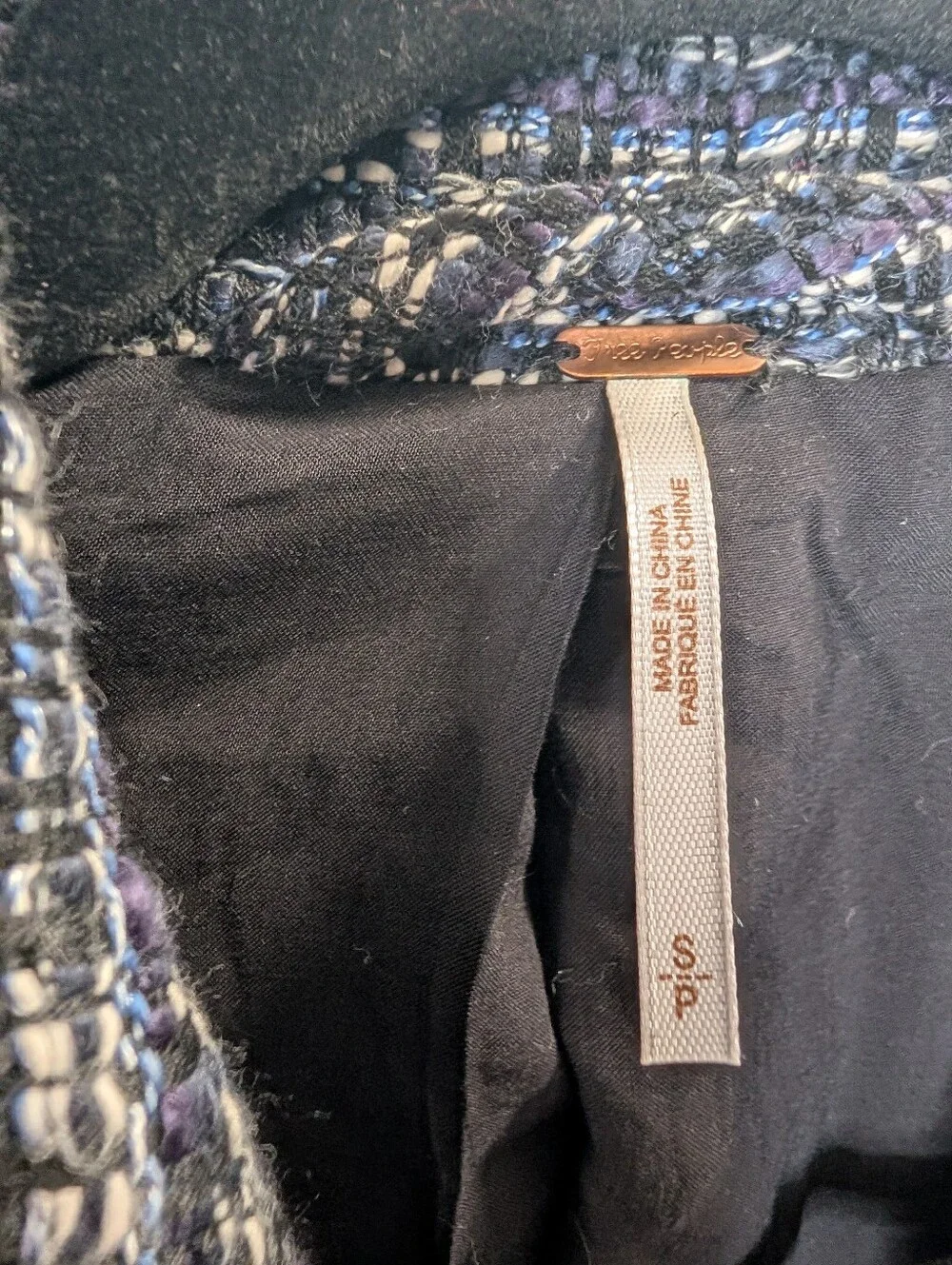Free People Tweed Moto Jacket Blue Black Fringe Zip Cropped Jacket Small - Picture 3 of 6